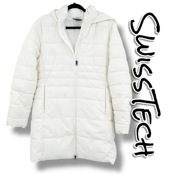 SwissTech Hooded Mid Length Puffer Jacket Fleece Double Zip Womens Size M - Picture 1 of 14